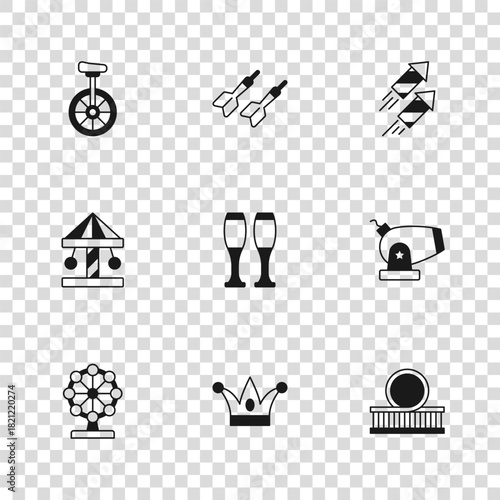 Set Jester hat with bells, Cannon, Roller coaster, Bowling pin, Firework rocket, Unicycle, Dart arrow and Attraction carousel icon. Vector