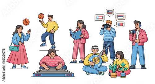 Vibrant illustration of a diverse community of young adults sharing their passions, hobbies, and talents like music, sports, and photography