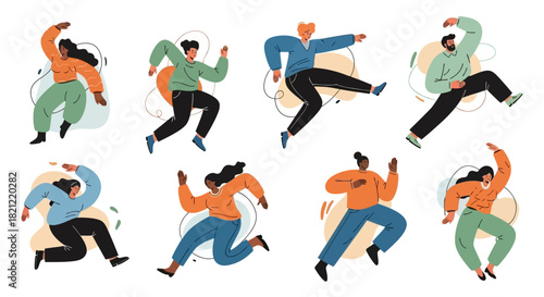 A vibrant collection of diverse individuals celebrating and dancing. Energetic and happy people in motion, illustrated in a modern flat vector style