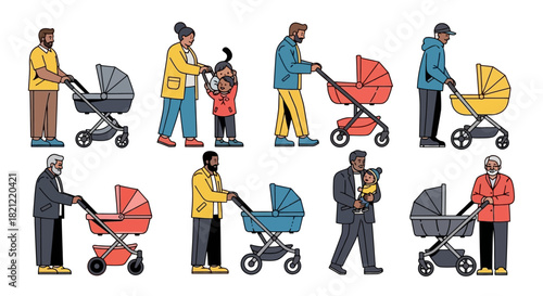 Family with strollers diverse parents walking with their babies