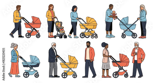 Diverse Families Walking with Strollers Illustration of People and Babies