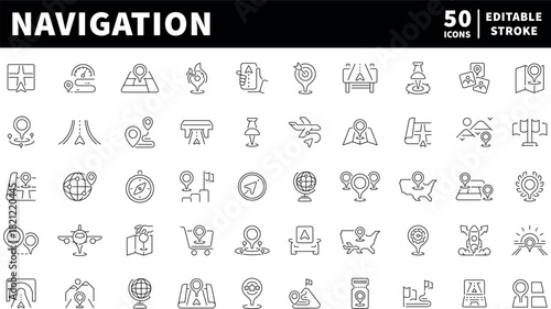 Navigation icons set. editable line icons, outline, map and direction symbols