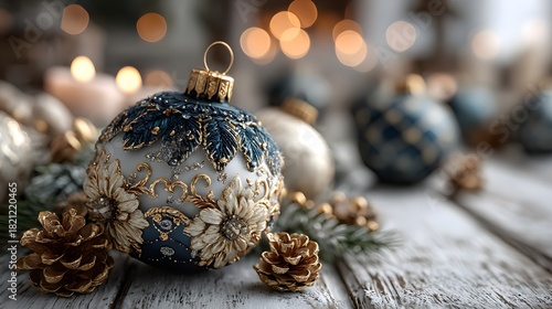 Festive, photorealistic still life of elegant blue and gold Christmas ornaments nestled amongst pine branches and golden pinecones on a rustic table.