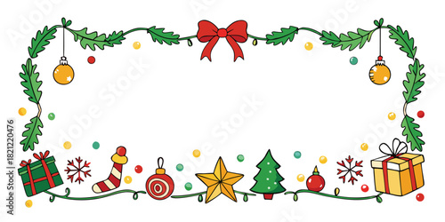 Christmas frame with branches, decorations, and ornaments, holiday vector border for festive designs and greeting cards