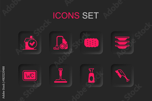 Set Rubber cleaner for windows, Vacuum, Home cleaning service, Cleaning spray with detergent, Washing dishes, Brush, Sponge and Toilet icon. Vector