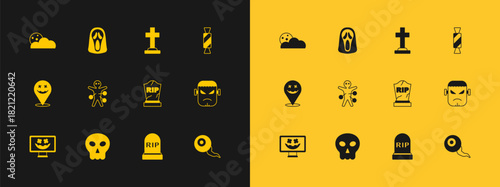Set Candy, Skull, Tombstone with RIP written, Voodoo doll, cross, Moon stars and Funny scary ghost mask icon. Vector