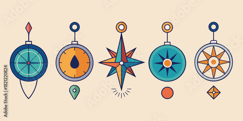 Five nautical style vector designs featuring compasses and directional tools for exploration, travel, and finding directions