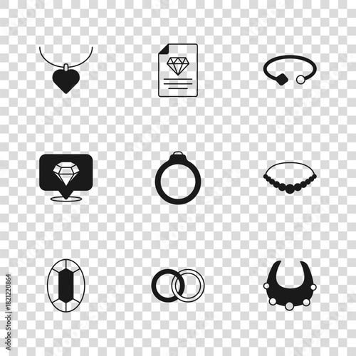 Set Wedding rings, Pearl necklace, Necklace, Diamond engagement, Bracelet jewelry, with heart shaped, Certificate of the diamond and icon. Vector