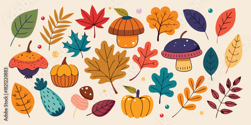 Colorful autumn vector pattern design featuring leaves, acorns, mushrooms, and pumpkins for fall season decorations