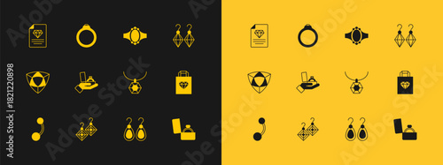 Set Earrings, Pendant on necklace, Diamond engagement box, Certificate of the diamond and icon. Vector