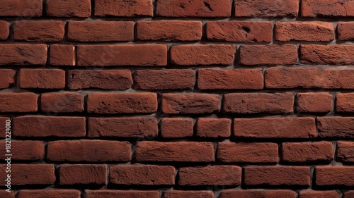 Close-up view of red brick wall with prominent texture and warm lighting. Horizontal alignment creates rhythmic pattern. Background displays muted grout. Neural network AI generated
