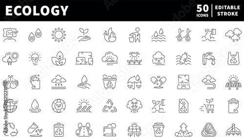 Ecology icons set. editable line icons, outline, nature and eco.friendly symbols