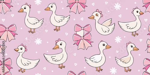 Cute ducklings and pink bows seamless pattern on a soft light purple background creates a cheerful, spring-like, girly design perfect for various creative projects