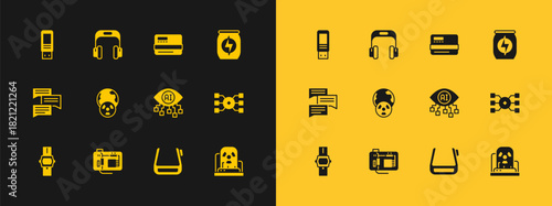 Set Energy drink, Motherboard, Computer vision, Smart glasses spectacles, Planet earth and radiation, Credit card, USB flash drive and Headphones icon. Vector