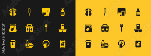 Set Bottle of water, Online ordering food, Fork, Round the clock delivery, Coffee cup to go, Lunch box and Knife icon. Vector