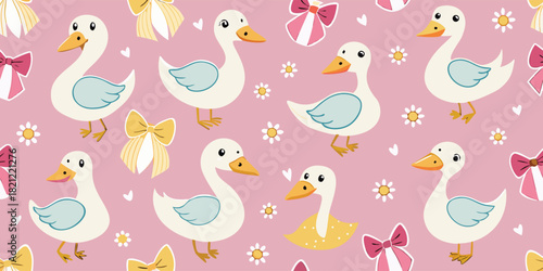 Cute ducklings and pink bows seamless pattern on a soft light purple background creates a cheerful, spring-like, girly design perfect for various creative projects