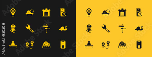 Set Mobile banking, Route location, Road traffic sign, Taxi service rating, Wrench spanner, Garage for taxi car, Location with star and waiting time icon. Vector