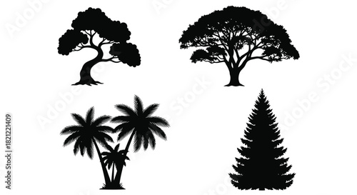 Four distinct tree silhouettes set collection: tropical palm, dense oak, twisted ornamental, and evergreen pine fir graphic element. isolated on white background, Vector, illustration
