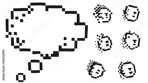 Hand drawn pixelated thought bubble with vibrant colors and clear text space for communication concepts