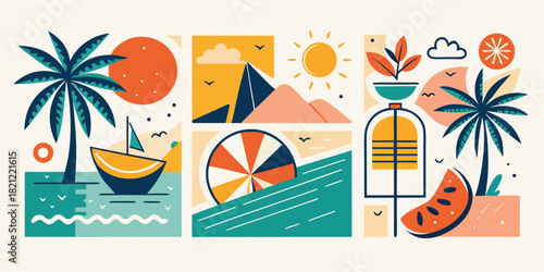 Set of summer vacation scenes featuring palm trees, sailboats, and tropical food for modern aesthetic design projects