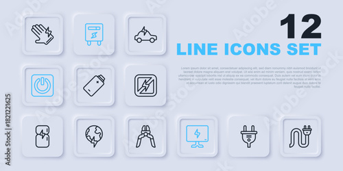 Set line Electric plug, Battery charge, Smart Tv, Power button, Global planet with thunderbolt, meter and Pliers tool icon. Vector