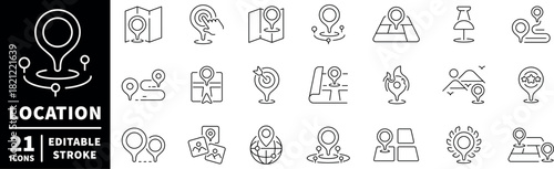 Location and navigation icons set. line, editable line icons for maps and directions