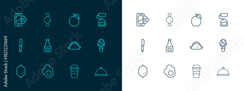 Set line Tea bag, Scrambled egg, Taco with tortilla, Coffee cup go, Sauce bottle, Plum fruit, Food ordering on mobile and Chicken leg icon. Vector