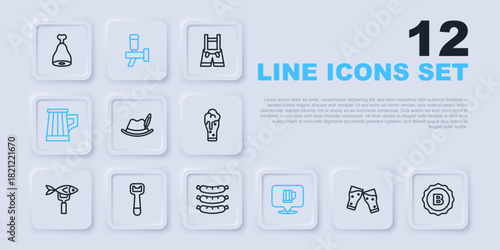 Set line Glass of beer, Bottle cap, Oktoberfest hat, Wooden mug, opener, Beer tap and Sausage icon. Vector