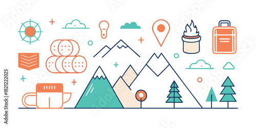 Mountain landscape with Camping Elements in Flat Design, includes Trees, Sun, Cloud, Fire, Location Pin and Backpack for Outdoor Adventure and Exploration