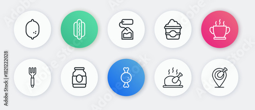Set line Chicken leg, Bowl of hot soup, Fork, Roasted turkey chicken, Popcorn in cardboard box, Tea bag, and Jam jar icon. Vector