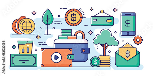 Investment concept vector illustration featuring money, growth, ideas, and asset management for financial success