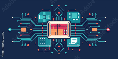 Modern digital Processor Design illustration, integrated Circuit board Vector for microstock, teal And dark blue color scheme, high Technology