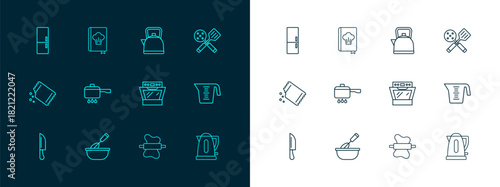 Set line Spatula, Cooking whisk with bowl, Oven, Rolling pin on dough, pot fire, Kettle handle, Refrigerator and Cookbook icon. Vector