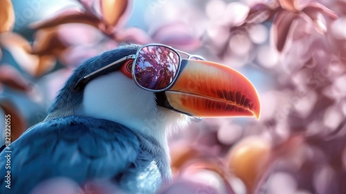 A close-up of a toucan wearing aviator sunglasses, with a soft focus background of pink and orange flowers and foliage. The lighting is gentle and diffused, cre