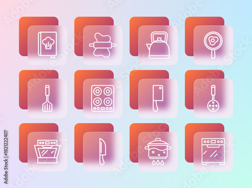 Set line Fried eggs on frying pan, Knife, Meat chopper, Cooking pot fire, Gas stove, Kettle with handle, Cookbook and Rolling pin dough icon. Vector