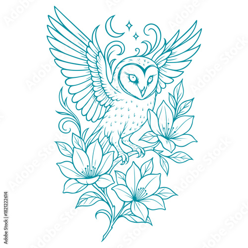 Mystische Eule mit Blumen und floralen Elementen - Spirituelles Vektor Ornament im modernen Tribal Stil in mint.