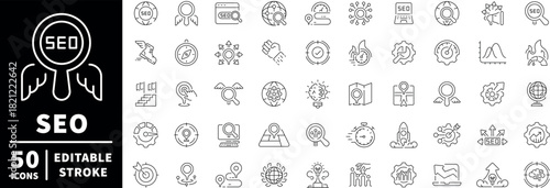 Seo and marketing icons set. editable line icons, analytics and strategy symbols