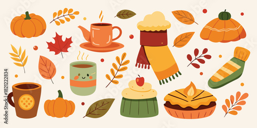 Fall season vector elements featuring pumpkins, autumn leaves, cozy blankets, hot drinks, and treats for a thanksgiving day celebration