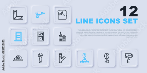 Set line Crane hook, Paint roller brush, Window room, Closed door, Adjustable wrench, Electric drill machine and Industry metallic pipe icon. Vector