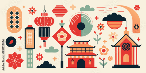 Flat design vector illustration of chinese new year decorations and symbols, lanterns, flowers, and clouds