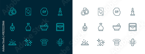 Set line Burning candle, Magical glitter particles, Witch cauldron, hat, Bottle with potion, runes, Handcuffs and Playing cards icon. Vector