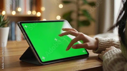 Woman sit desk use tablet with green screen mock up. Hand scroll tablet