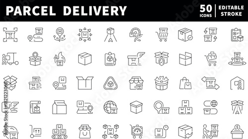Parcel delivery icons set. editable line icons, flat, shipping and logistics symbols