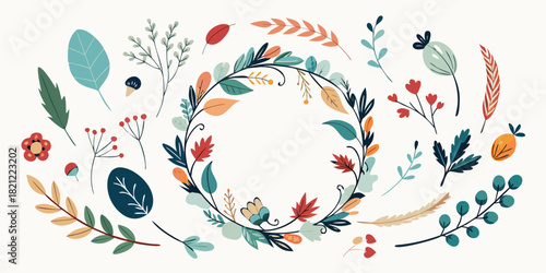 Fall floral circle frame with loose leaves, branches, and berries for rustic weddings and autumn greeting cards, invitations, and scrapbooking