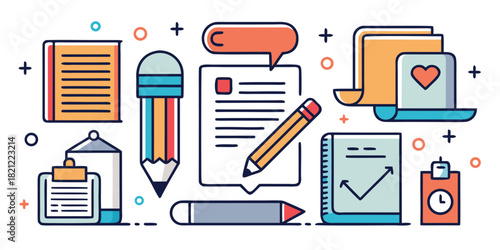 Colorful illustration showing various business and office stationery items for organization and productivity, designed for modern workspaces