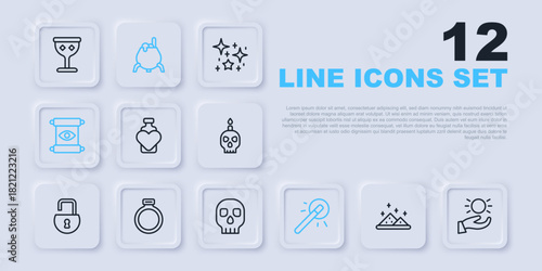 Set line Magic powder, Ball levitating above hand, Bottle with love potion, wand, scroll, stone ring, Witch cauldron and Skull icon. Vector