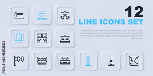 Set line Arrow for switching the railway, Railway map, Bridge train, Train traffic light, Flasher siren, Passenger cars, End of tracks and Cargo wagon icon. Vector