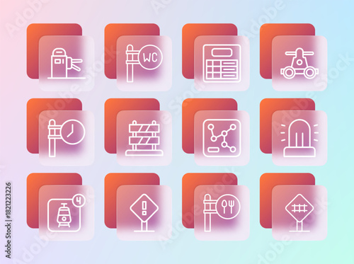 Set line Handcar transportation, Exclamation mark in square, Railway map, Cafe restaurant location, End of railway tracks, Train station board, Turnstile and Toilet icon. Vector