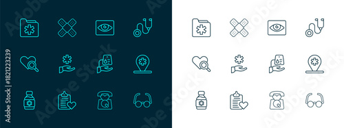 Set line Stethoscope, Patient record, Blood donation, Emergency call 911, Cross hospital medical, Red eye effect, Medical health folder and Crossed bandage plaster icon. Vector