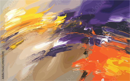 Abstract Acrylic Paint Brush Stroke Design In Yellow Purple Orange And Beige Tones